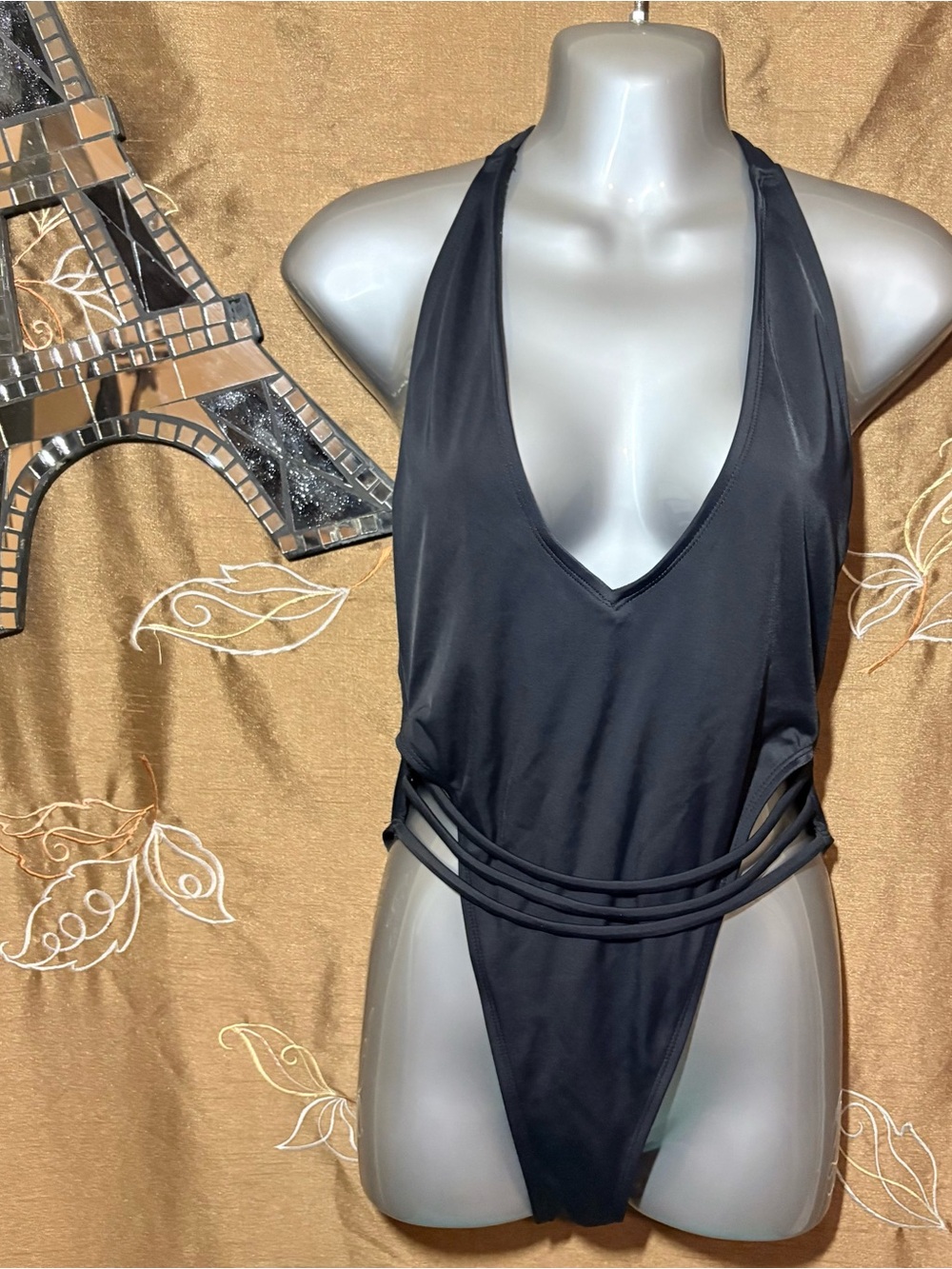 Hot Miami Styles Black Plunge One-Piece Swimsuit with Front Strap Detail